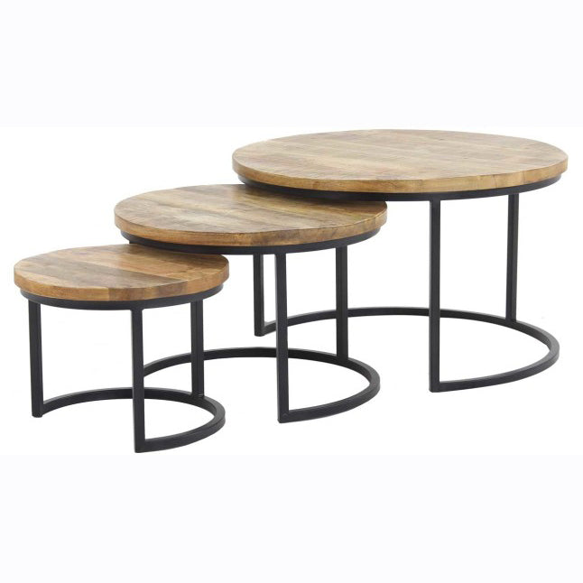 Salontafel set rond Industrieel Design | Mangohout en Staal | 77-58-34cm - Industrieelinhuis.nl