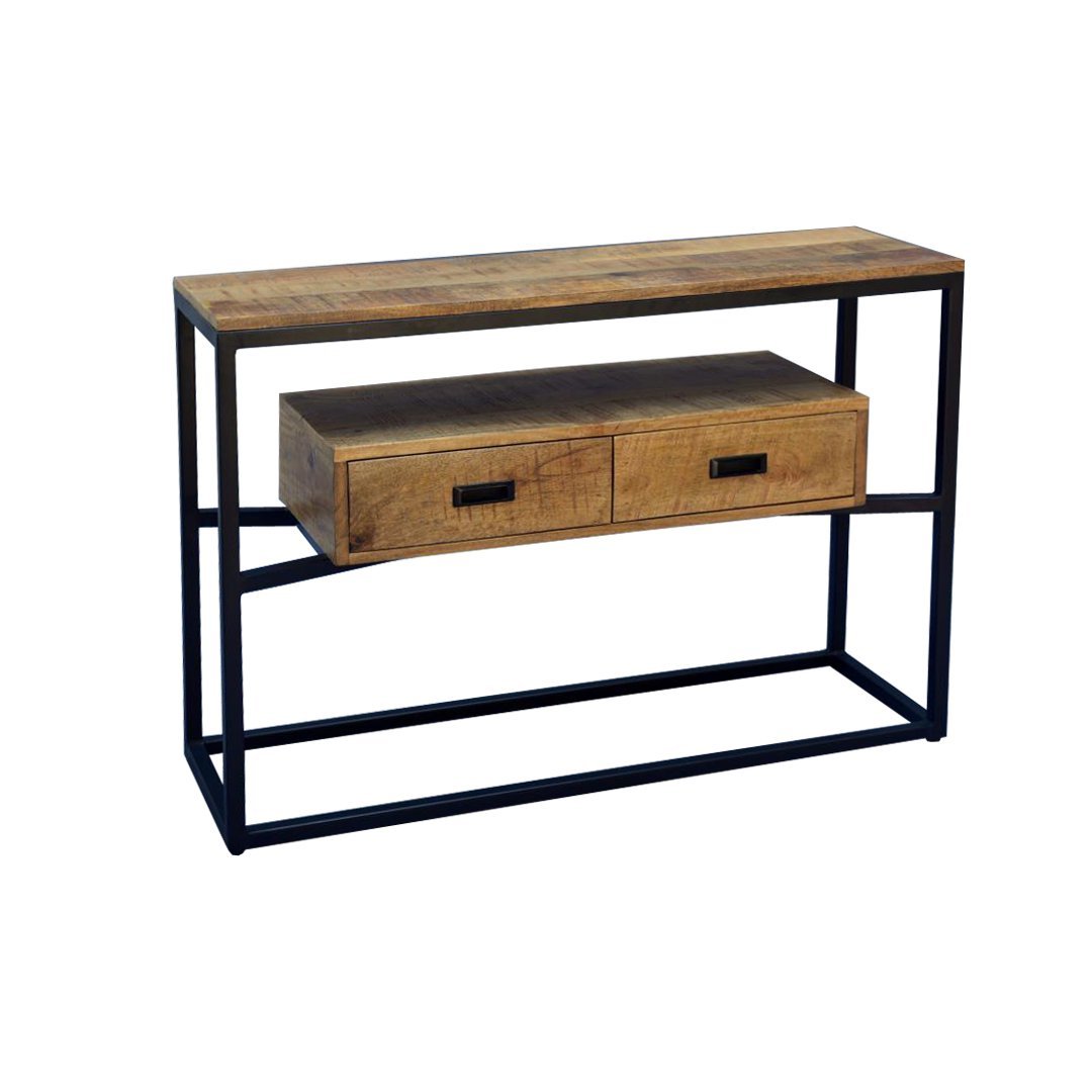 Sidetable mangohout met twee lades | Mangohout en Staal | 110x35x77
