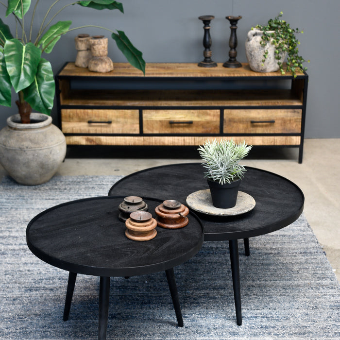 Salontafel set rond Industrieel Design | Mangohout Staal | 58-76cm - Industrieelinhuis.nl