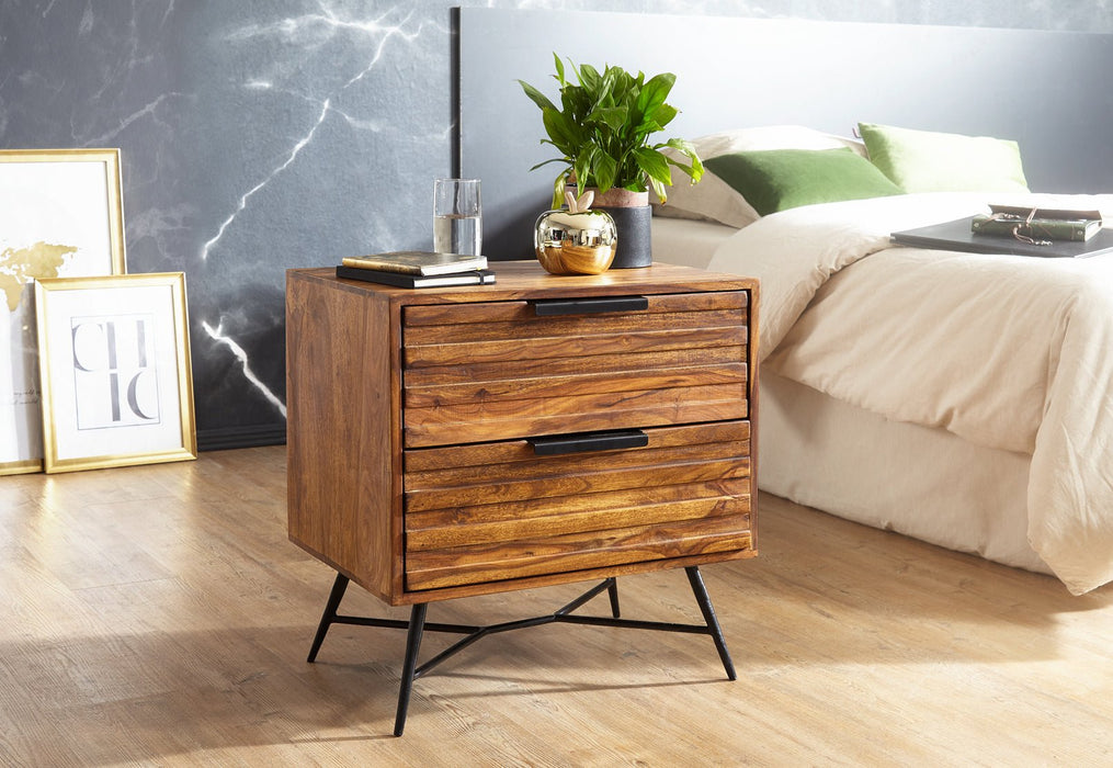 Nachtkonsole NISHAN 60 x 60 x 40 cm Sheesham Beistelltisch | Design Nachtkommode Boxspringbett | Nachttisch mit Schubladen | Beistellschrank mit Stauraum | Nachttischkästchen hoch - Industrieelinhuis.nl
