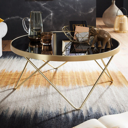 salontafel Zwart/matgouden tafel met glazen blad Woonkamertafel Ø82cm - Industrieelinhuis.nl