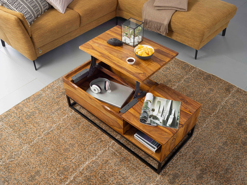 Couchtisch Sheesham Massivholz 110x40x50 cm Sofatisch mit Metallbeinen | Wohnzimmertisch Tischplatte aufklappbar | Holztisch Tisch Industrial Design - Industrieelinhuis.nl