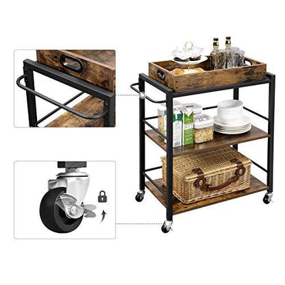 Keuken trolley op wieltjes met afneembaar dienblad Industrieel Design | Houtlook en Staal | 65x40x86cm - Industrieelinhuis.nl