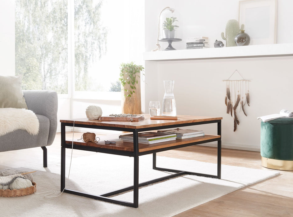 Couchtisch 100x60x45 cm Massivholz Metall Sofatisch Wohnzimmertisch Akazie | Stubentisch Industrial mit Stauraum | Holztisch Kaffeetisch Massiv - Industrieelinhuis.nl