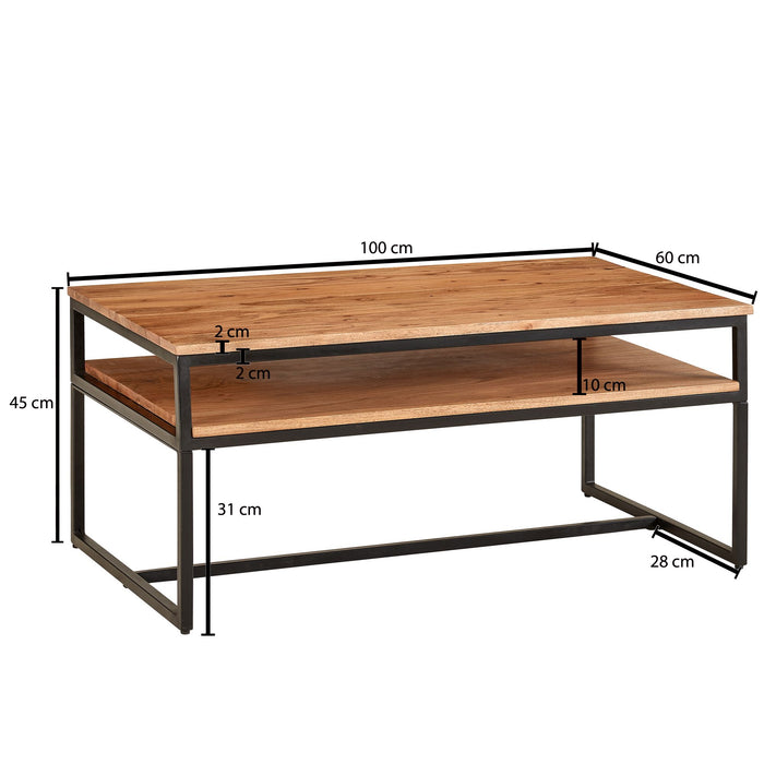 Couchtisch 100x60x45 cm Massivholz Metall Sofatisch Wohnzimmertisch Akazie | Stubentisch Industrial mit Stauraum | Holztisch Kaffeetisch Massiv - Industrieelinhuis.nl