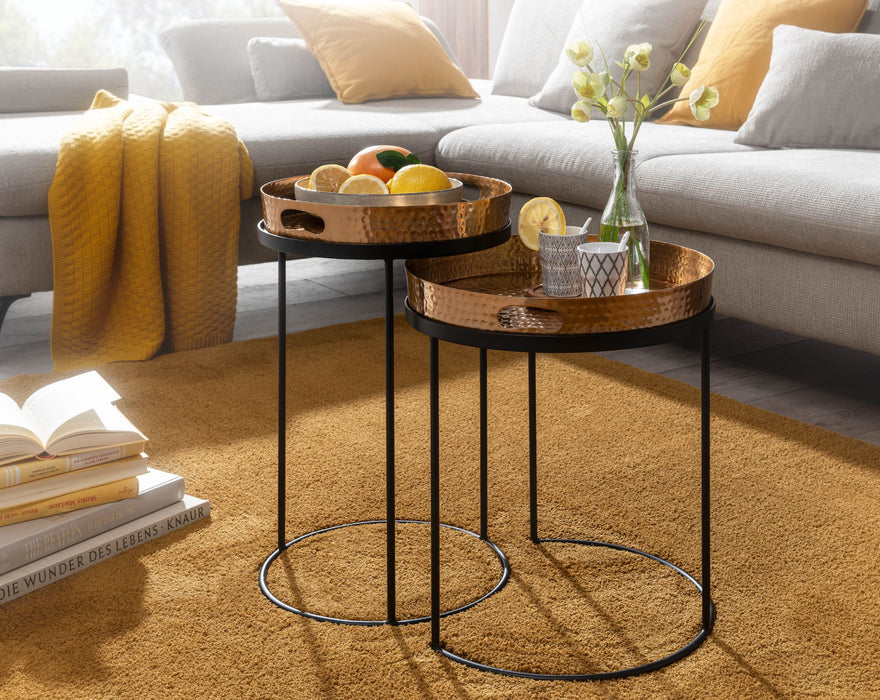 Beistelltisch 2er Set Gold / Schwarz Metall Hammerschlag Satztisch Rund | Couchtisch abnehmbares Tablett | Tabletttisch Sofa 2 teilig Modern | Runder Sofatisch - Industrieelinhuis.nl