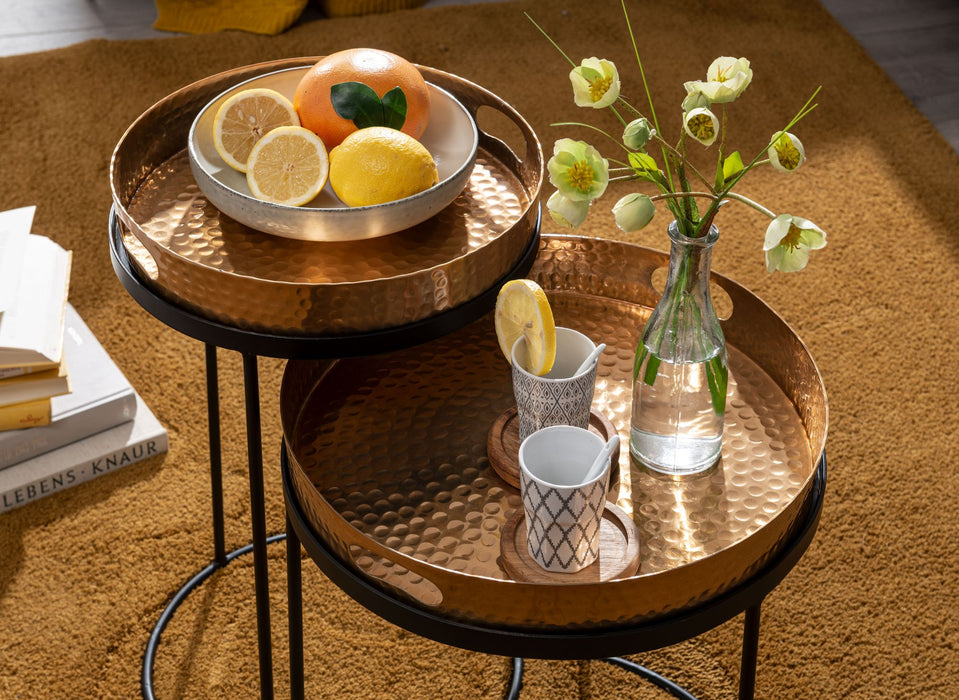 Beistelltisch 2er Set Gold / Schwarz Metall Hammerschlag Satztisch Rund | Couchtisch abnehmbares Tablett | Tabletttisch Sofa 2 teilig Modern | Runder Sofatisch - Industrieelinhuis.nl