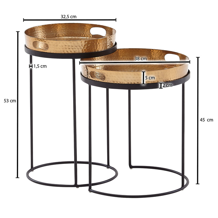 Beistelltisch 2er Set Gold / Schwarz Metall Hammerschlag Satztisch Rund | Couchtisch abnehmbares Tablett | Tabletttisch Sofa 2 teilig Modern | Runder Sofatisch - Industrieelinhuis.nl