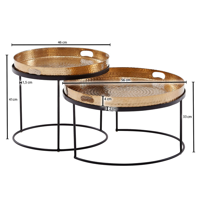 Couchtisch 2er Set Gold / Schwarz Metall Hammerschlag Satztisch Rund | Sofatisch abnehmbares Tablett | Tabletttisch Sofa 2 teilig Modern | Runder Beistelltisch - Industrieelinhuis.nl