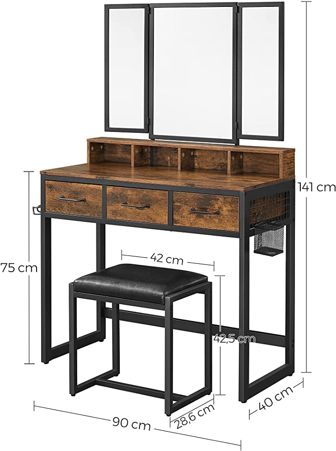 Kaptafel met 3-delige klapspiegel, Haardroger Houder, make up tafel - Industrieelinhuis.nl