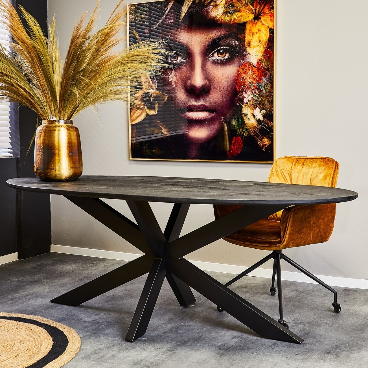 Eetkamertafel Zwart New York | Ovaal | Mangohout Staal | 210 cm