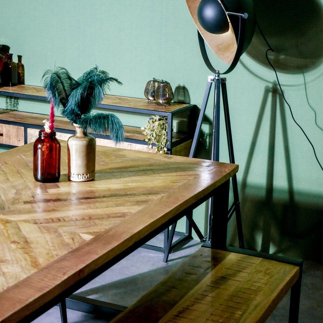 Eettafel Jax Visgraat industrieel | Mangohout en Staal | 200x90x76cm