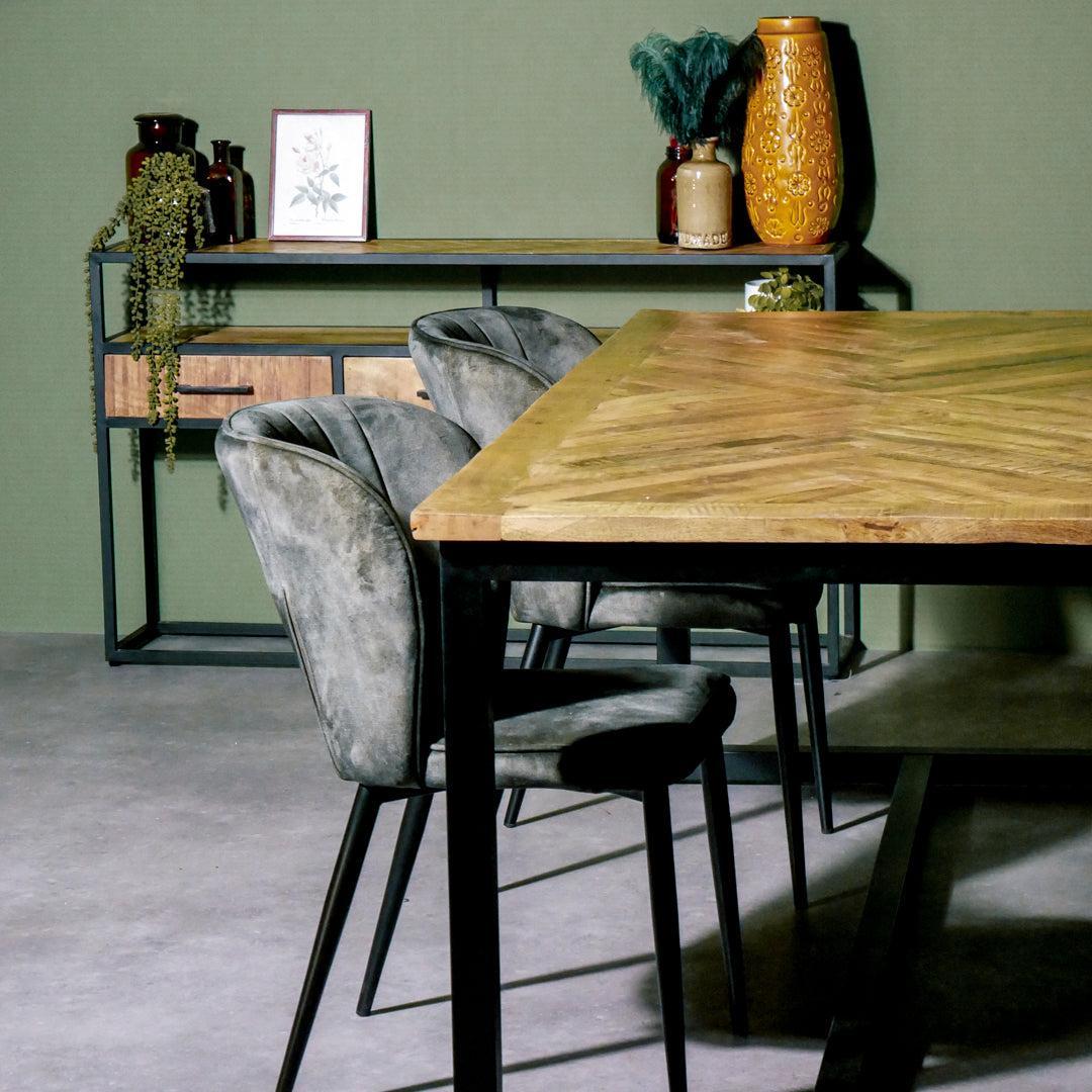 Eettafel Jax Visgraat industrieel | Mangohout en Staal | 200x90x76cm