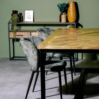 Eettafel Jax Visgraat industrieel | Mangohout en Staal | 200x90x76cm