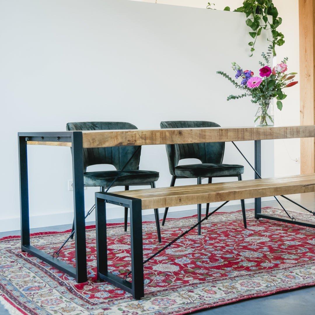 Eettafel bank industrieel | Mangohout en Staal | 100-120-140-160-180cm