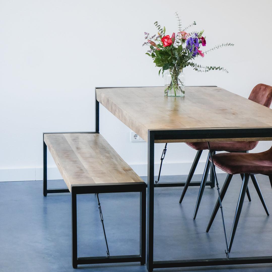 Eettafel bank industrieel | Mangohout en Staal | 100-120-140-160-180cm