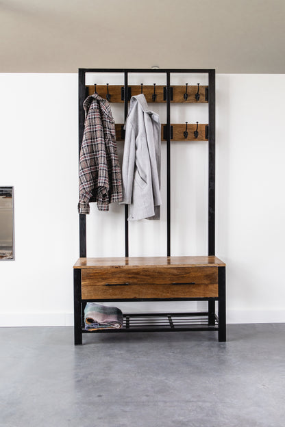 Garderoberek met Lade XL Industrieel Design | Mangohout en Staal | 100x40x190cm - Industrieelinhuis.nl