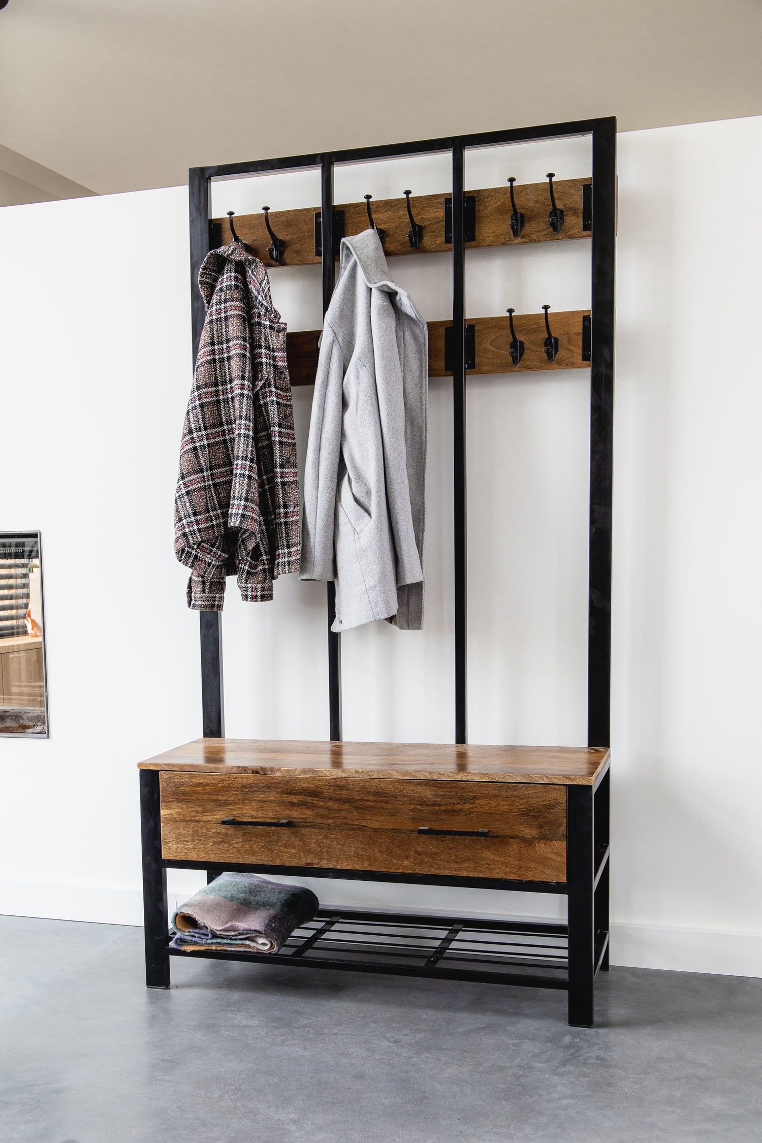 Garderoberek met Lade XL Industrieel Design | Mangohout en Staal | 100x40x190cm - Industrieelinhuis.nl