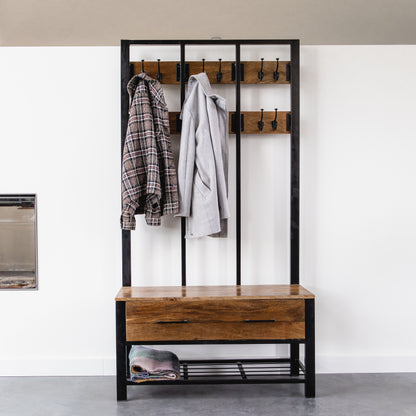 Garderoberek met Lade XL Industrieel Design | Mangohout en Staal | 100x40x190cm - Industrieelinhuis.nl