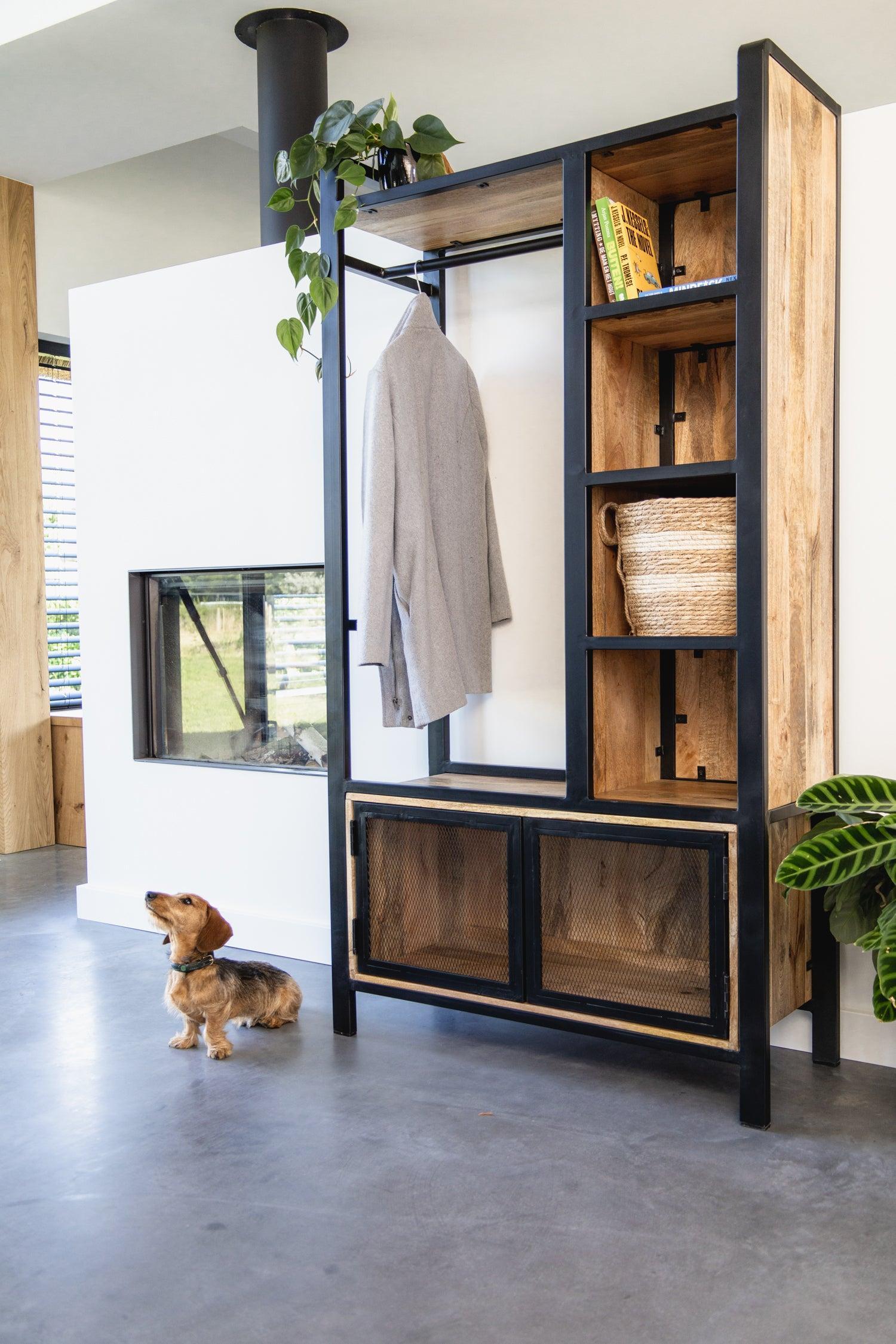 Garderoberek met rail en schappen Industrieel Design | Mangohout en Staal | 100x40x190cm - Industrieelinhuis.nl