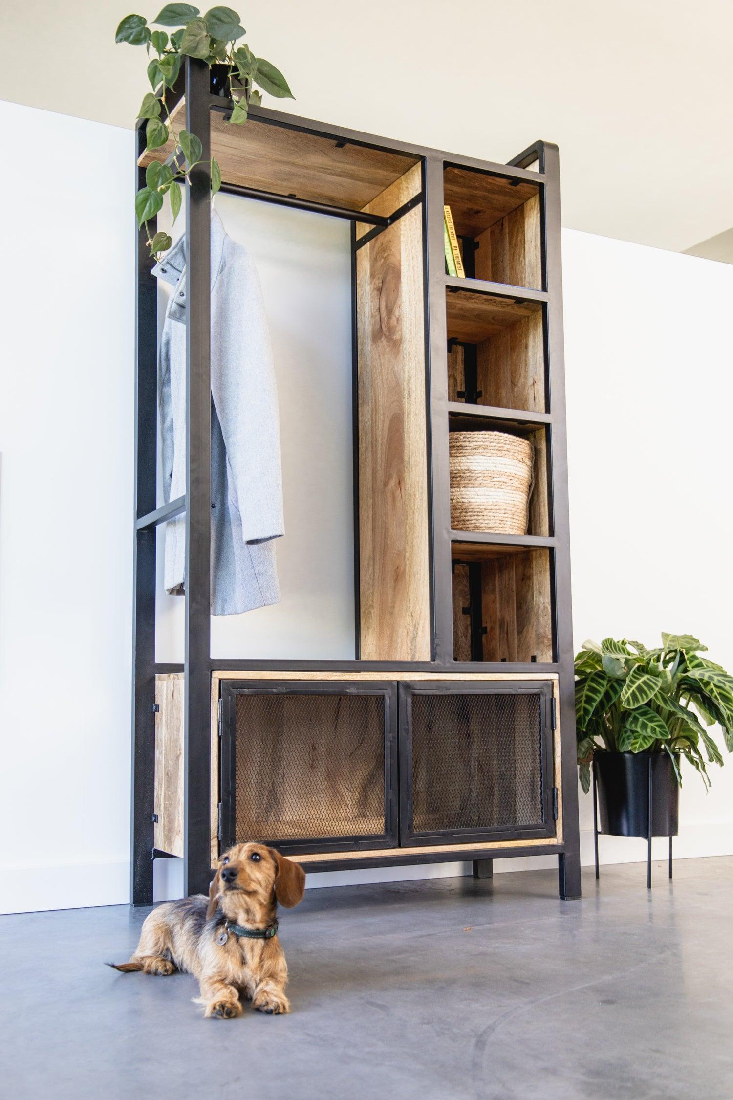 Garderoberek met rail en schappen Industrieel Design | Mangohout en Staal | 100x40x190cm - Industrieelinhuis.nl
