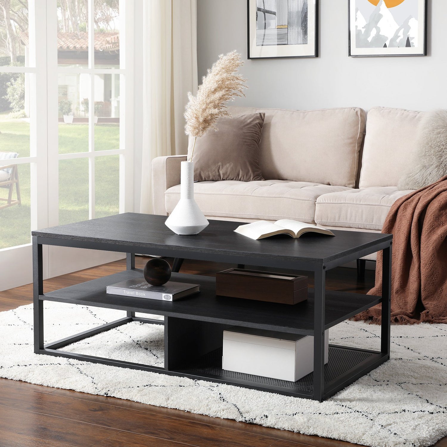 Salontafel zwart blad zwart hout Industrieel Design | Houtlook en Staal | 100x60x45cm