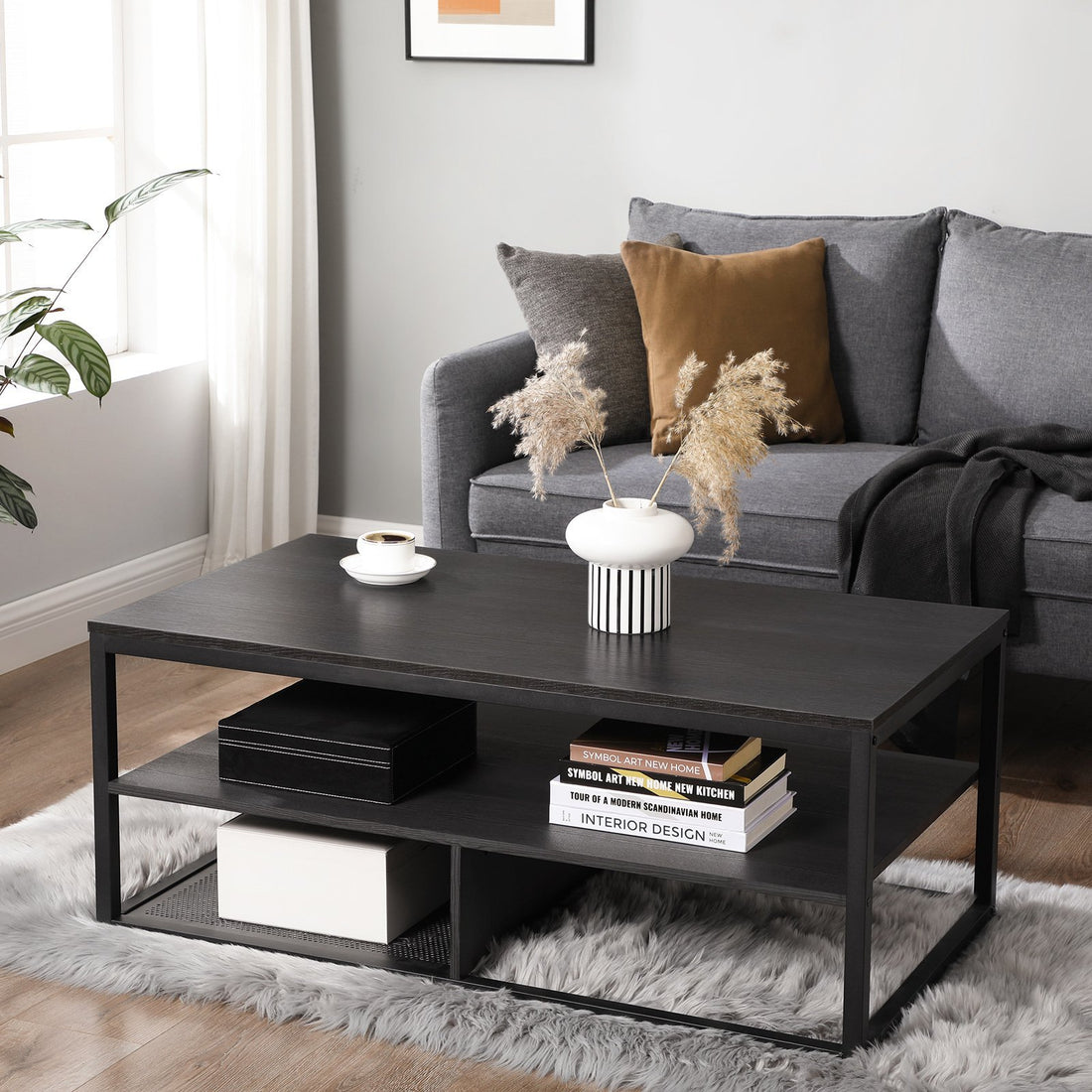 Salontafel zwart blad zwart hout Industrieel Design | Houtlook en Staal | 100x60x45cm