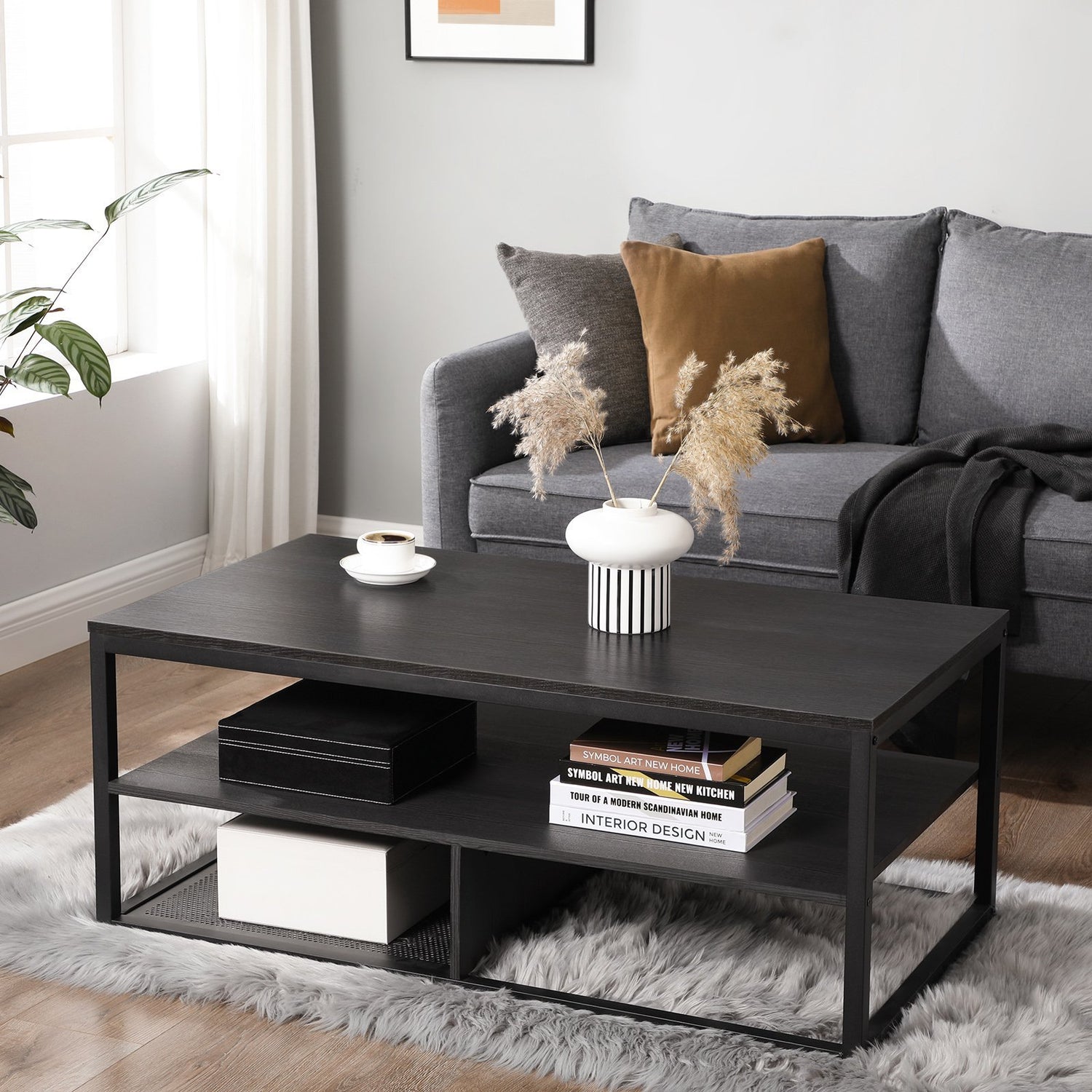 Salontafel zwart blad zwart hout Industrieel Design | Houtlook en Staal | 100x60x45cm