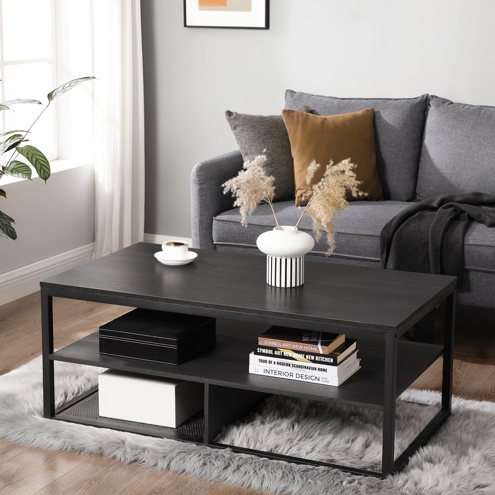 Salontafel zwart blad zwart hout Industrieel Design | Houtlook en Staal | 100x60x45cm