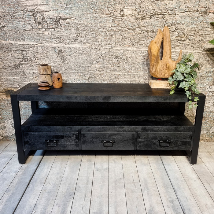 TV-meubel Industrieel Design | Zwart Mangohout en Staal | 150x45x60cm - Industrieelinhuis.nl