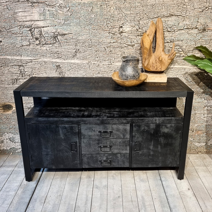 Sidetable Dressoir Kast Industrieel Design | Zwart Mangohout en Staal | 135x45x80cm - Industrieelinhuis.nl