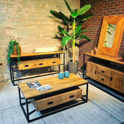 Salontafel Industrieel Design | Mangohout en Staal | 120x60x45