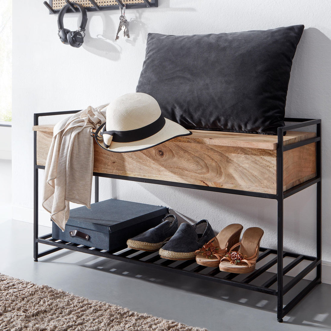 Opbergbank met opbergruimte | 90 x 52 x 38 cm | massief mangohout