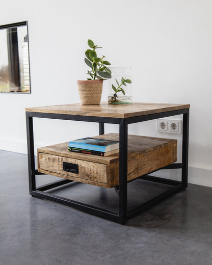 Salontafel Bijzettafel Industrieel Design | Mangohout en Staal | 60x60x45
