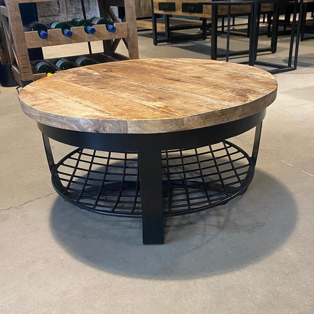 Salontafel Rond zwart metaal onderstel | Mangohout en Staal | 65x34cm
