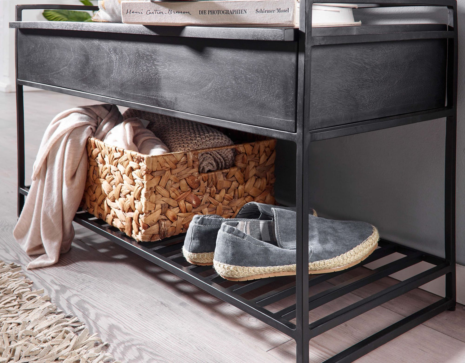 Schoenenbank zwart | 90x52x38 cm | Mango massief hout