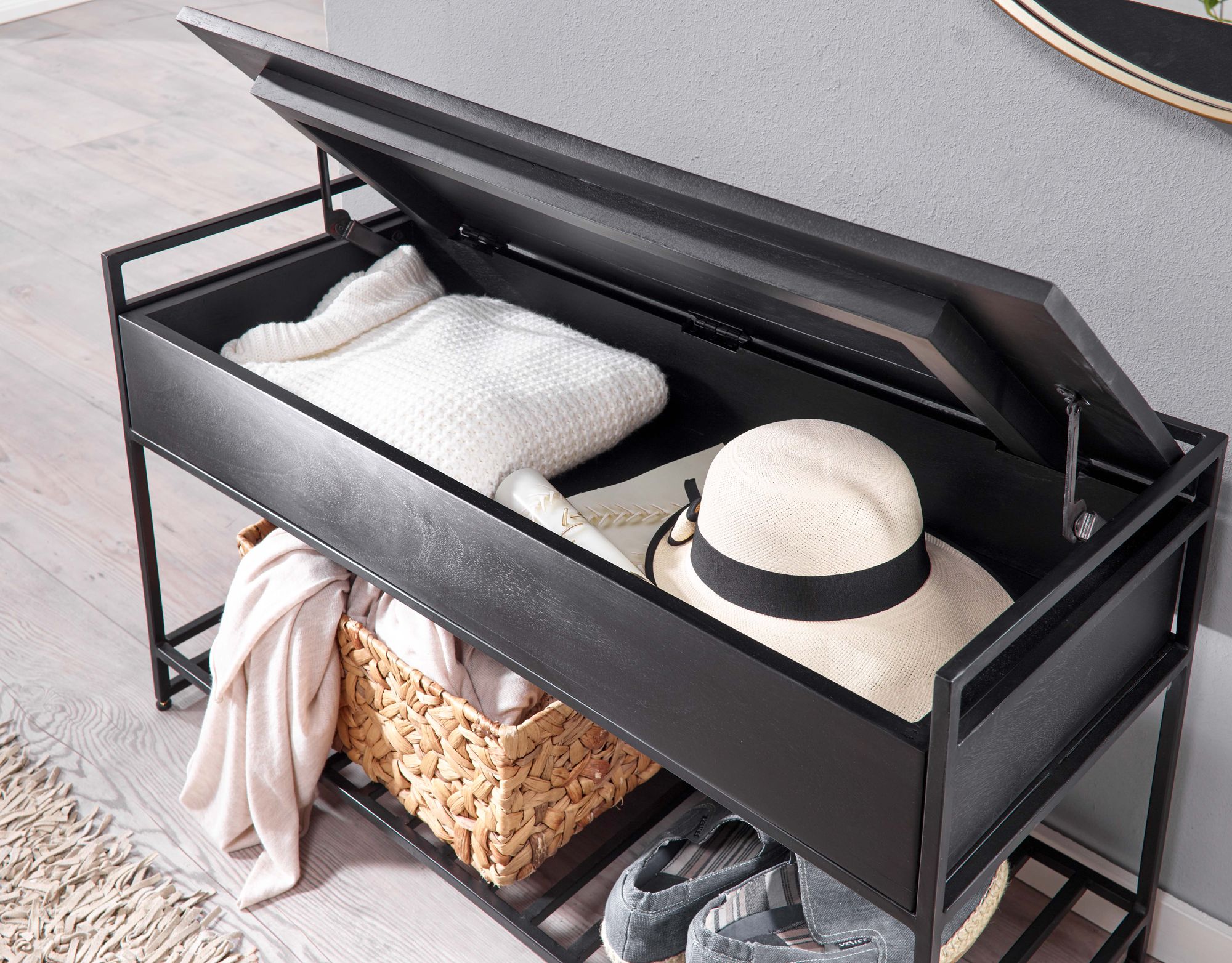 Schoenenbank zwart | 90x52x38 cm | Mango massief hout