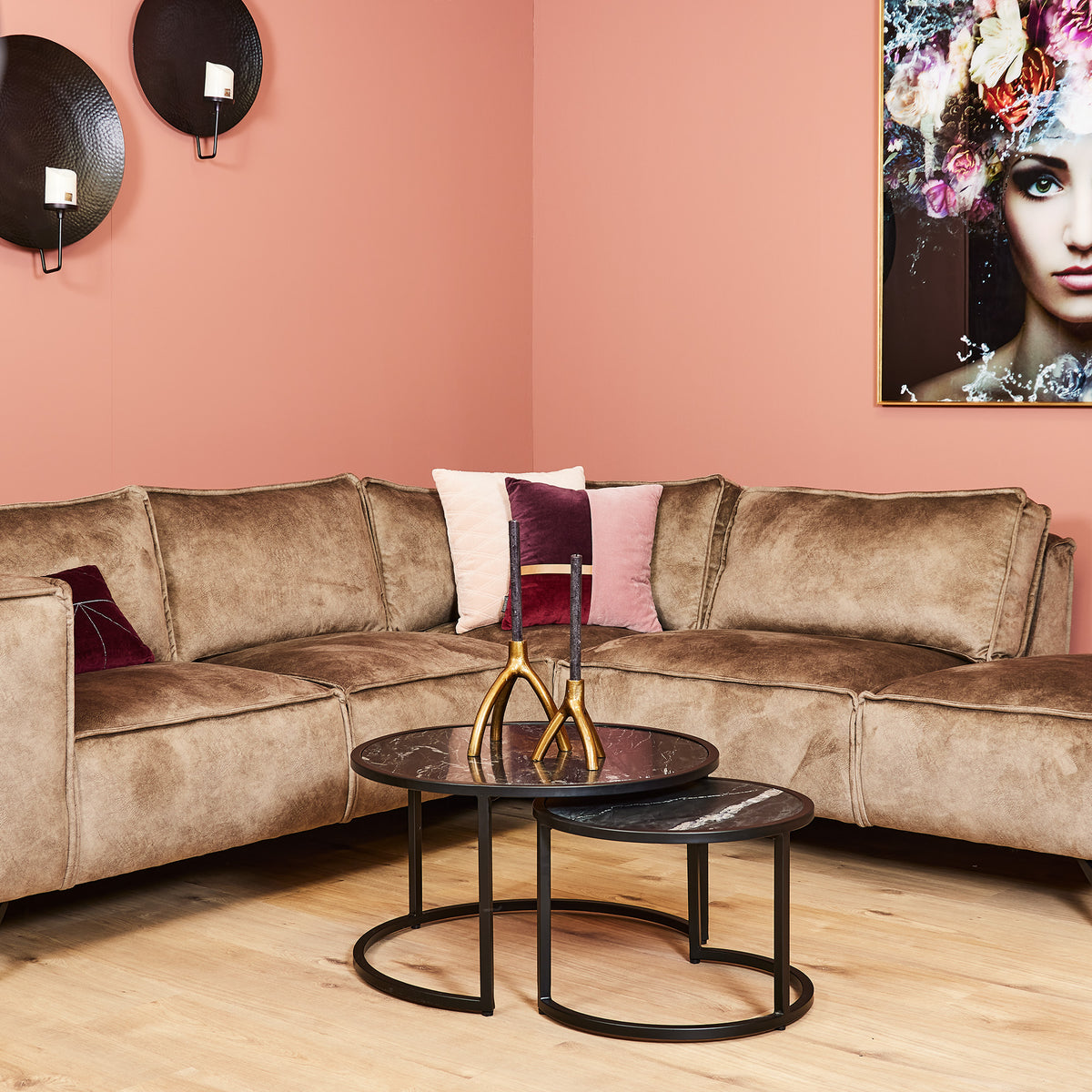 Zwarte ronde salontafel set Nova | Set van 2 | Industrieel | Zwart marmer