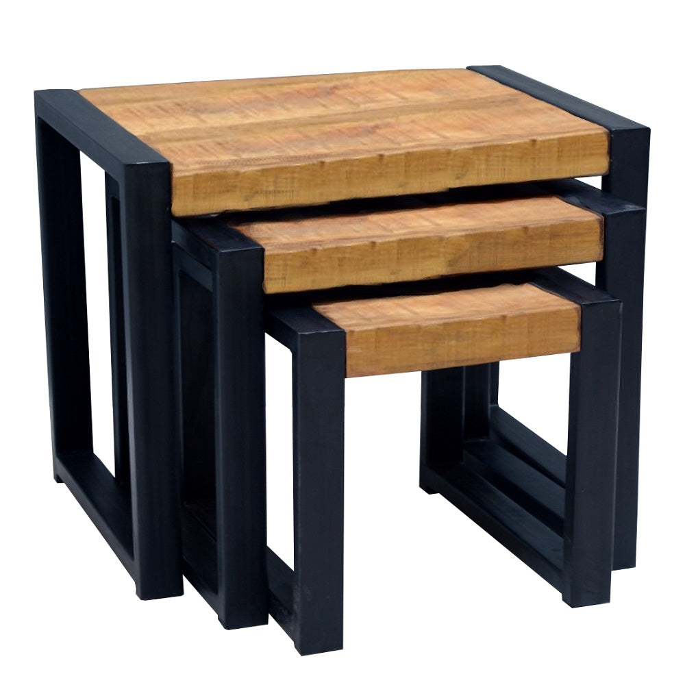 Salontafel set van 3 Industrieel Design | Mangohout en Staal | 60x35x48cm