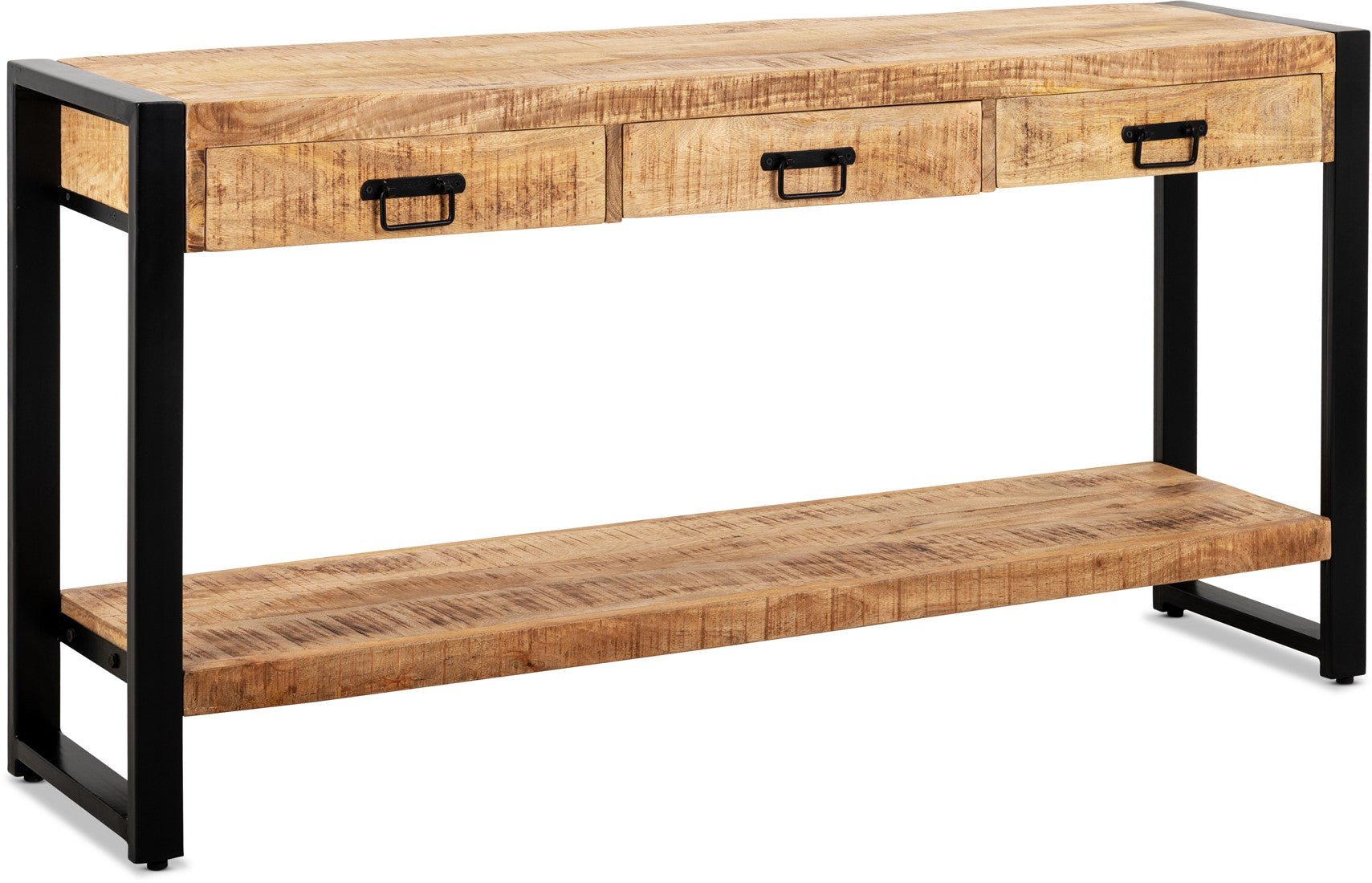 Sidetable mangohout met lades en zwarte handgrepen | Mangohout en Staal | 150x35x76cm - Industrieelinhuis.nl