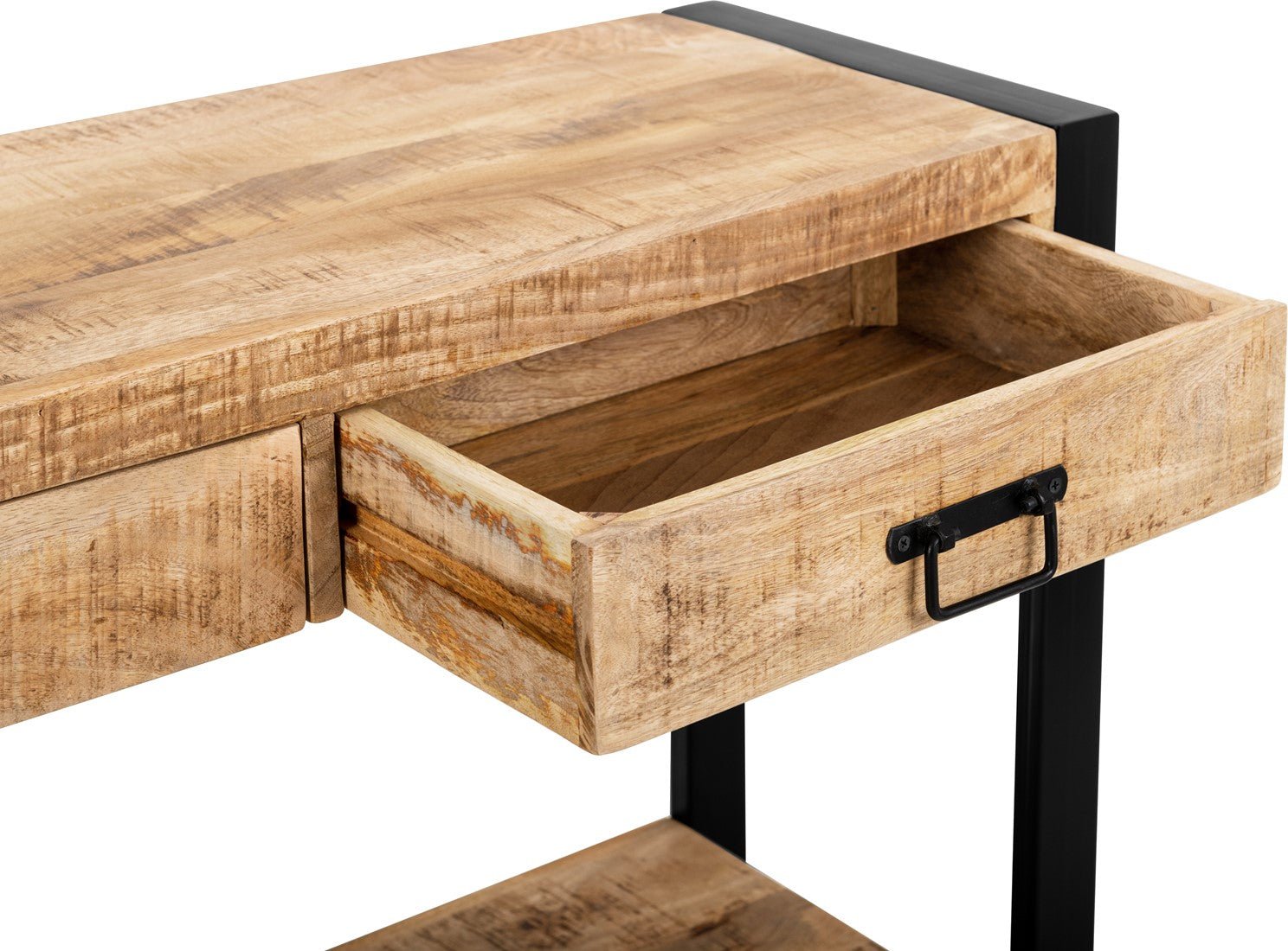 Sidetable mangohout met lades en zwarte handgrepen | Mangohout en Staal | 150x35x76cm - Industrieelinhuis.nl