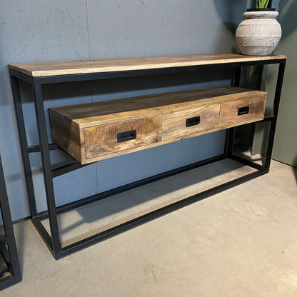 Sidetable mangohout met drie lades | Mangohout en Staal | 150x35x77