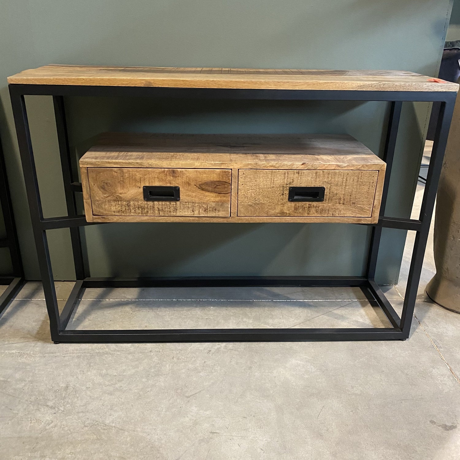 Sidetable mangohout met twee lades | Mangohout en Staal | 110x35x77