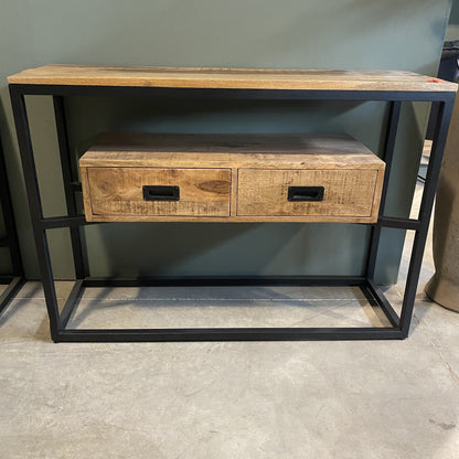 Sidetable mangohout met twee lades | Mangohout en Staal | 110x35x77