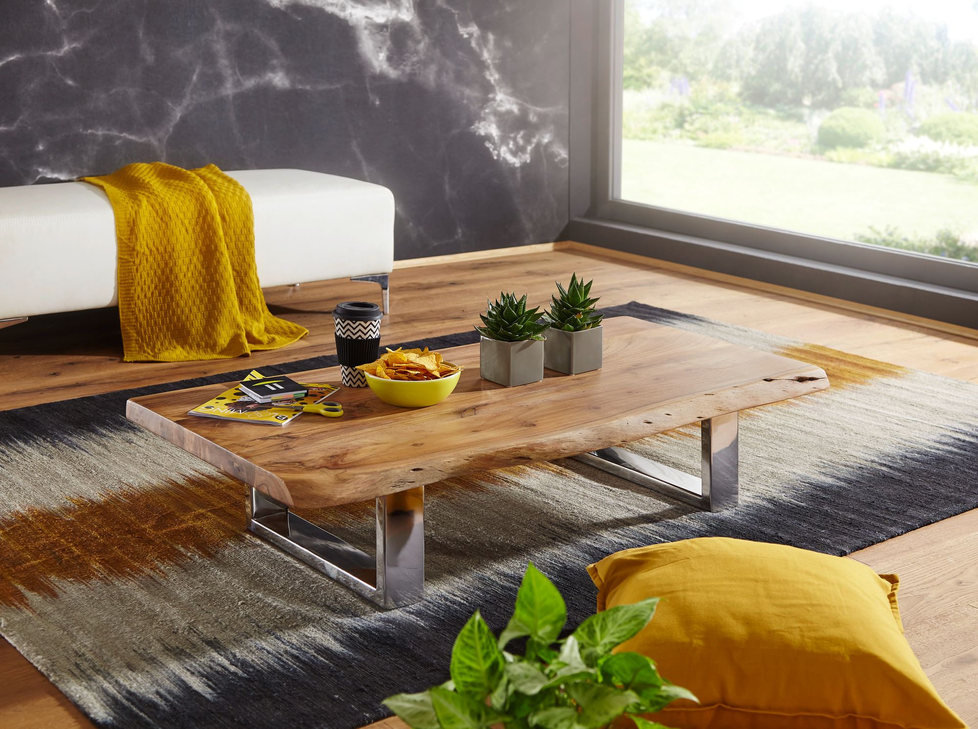 Salontafel 115 x 25 x 58 cm massief acaciahout metalen frame groot | Boomstam salontafel massief hout bruin | Boomrand tafel houten tafel | Tafel woonkamer salontafel
