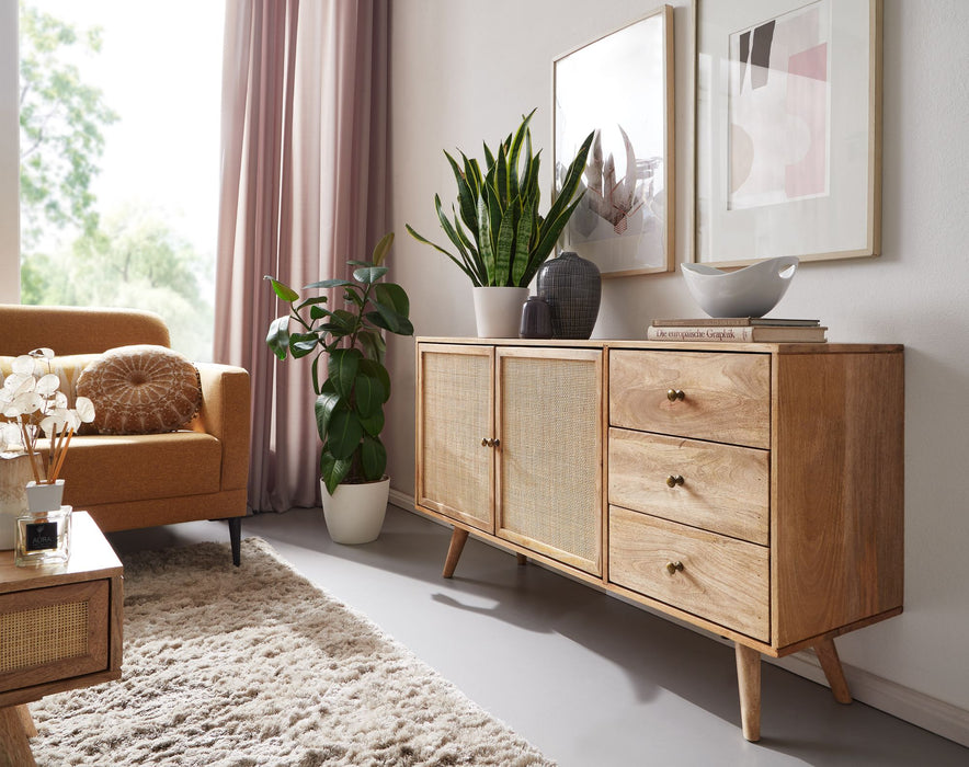 Design Sideboard 140x75x40 cm Mango Massivholz | Kommode 3 Schubladen | Hoher Kommodenschrank Holz Massiv | Standschrank Wohnzimmer | 2 Türfächer - Industrieelinhuis.nl