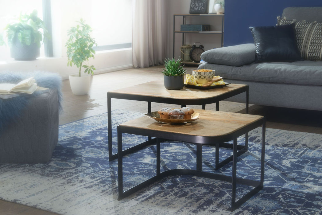 Couchtisch 2er Set Mango Massivholz / Metall Wohnzimmertisch Hell | Industrial Satztisch Beistelltisch Metallbeine Schwarz | Tischset 2-teilig Satztisch Holz - Industrieelinhuis.nl