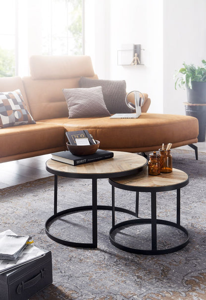Salontafel set van 2 | Mangohout - Zwart onderstel | Ø 60 / 44 cm