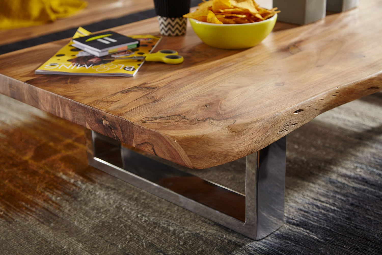 Salontafel 115 x 25 x 58 cm massief acaciahout metalen frame groot | Boomstam salontafel massief hout bruin | Boomrand tafel houten tafel | Tafel woonkamer salontafel