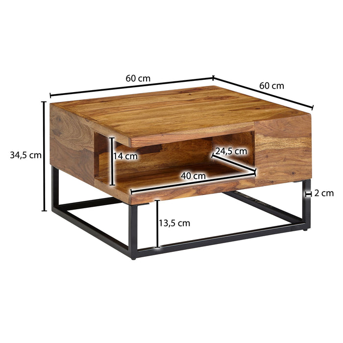 Couchtisch 60x60x34,5 cm Sheesham Massivholz / Metall Sofatisch Eckig | Wohnzimmertisch mit Stauraum | Kaffeetisch Massiv | Kleiner Tisch Beistelltisch Wohnzimmer Modern Quadratisch - Industrieelinhuis.nl